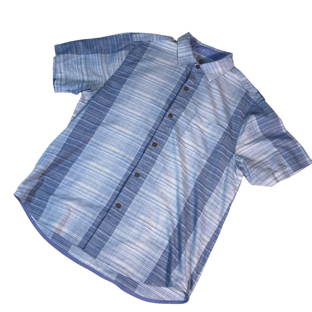 Tommy Bahama Button Up Shirt Mens Large Blue Striped Silk Cotton Short Sleeve
